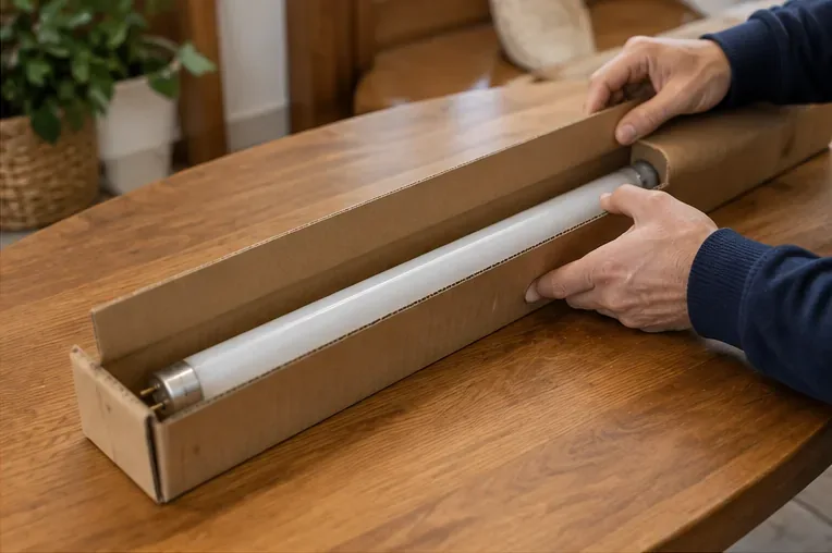 Un tubo fluorescente usado se coloca dentro de una caja de cartón alargada sobre una mesa de madera para protegerlo durante el transporte