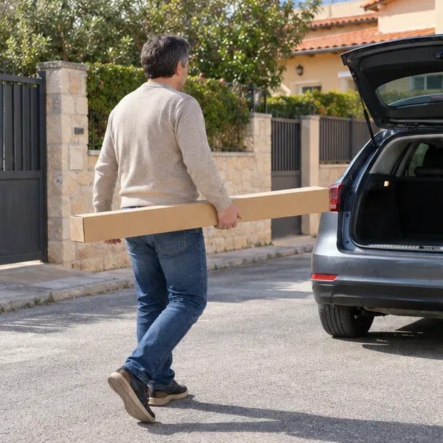 Una persona transporta un tubo fluorescente protegido en una funda larga hasta el coche