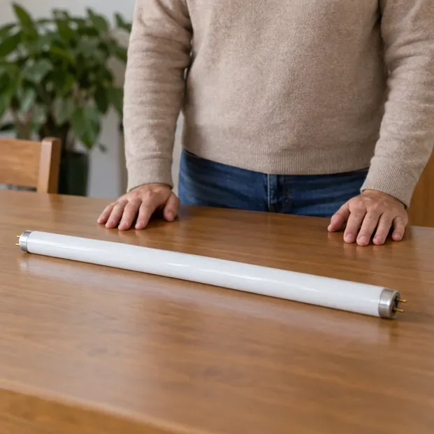 Un tubo fluorescente largo e intacto colocado sobre una mesa antes de prepararlo para su traslado