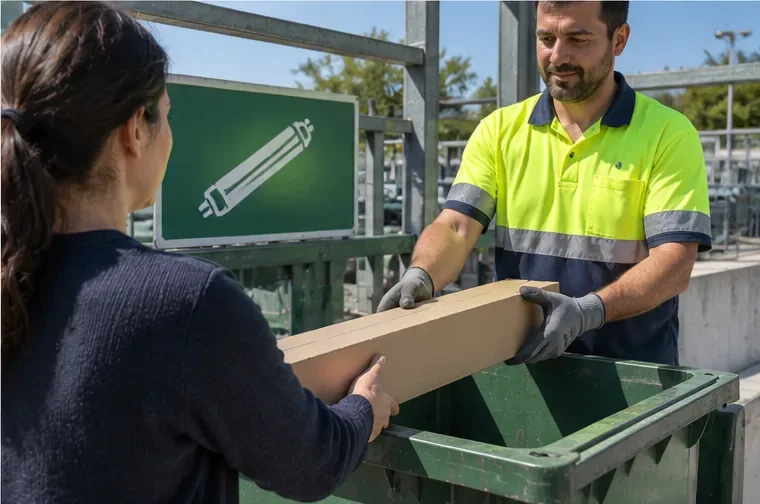 Trabajador de un centro de reciclaje recibiendo una caja con un tubo fluorescente junto a una señal de lámparas