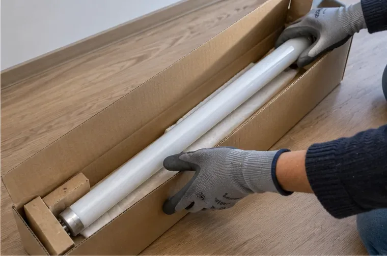 Tubo fluorescente entero colocado dentro de una caja alargada de cartón con material de protección