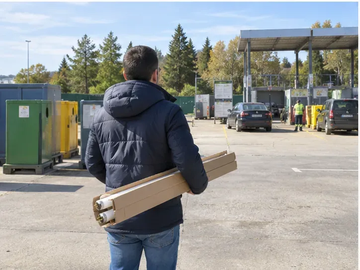 Persona llegando a una instalación de reciclaje con tubos fluorescentes protegidos en cartón