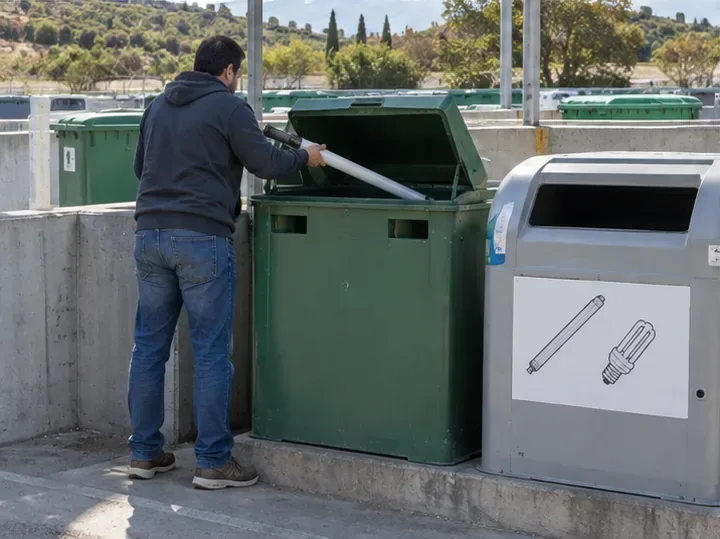 Una persona entrega un tubo fluorescente en una zona de recogida selectiva con un recipiente específico para lámparas