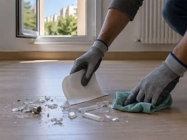 Una persona con guantes recoge fragmentos de un tubo fluorescente roto en una habitación ventilada con la ventana abierta