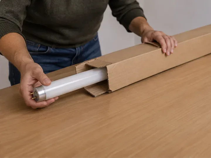 Un tubo fluorescente intacto se introduce en una caja larga de cartón para transportarlo protegido
