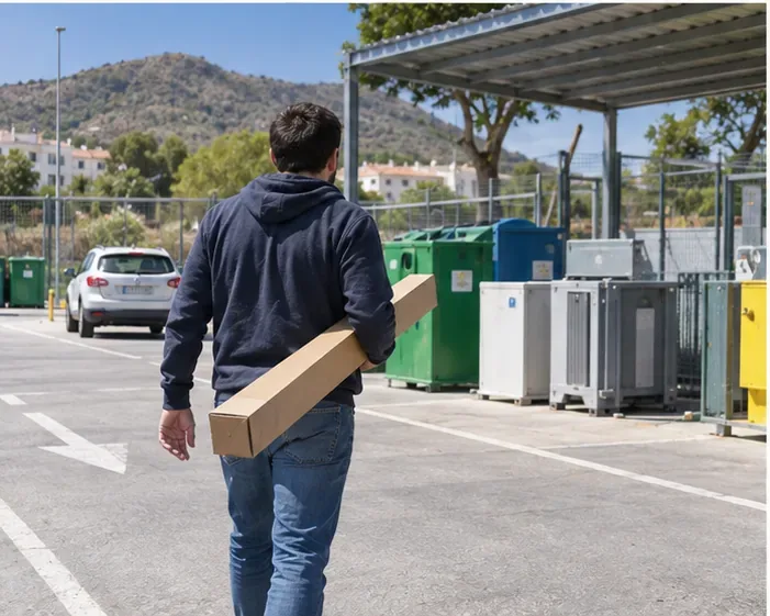 Persona transportando un tubo fluorescente protegido en una caja larga hacia una instalación de recogida