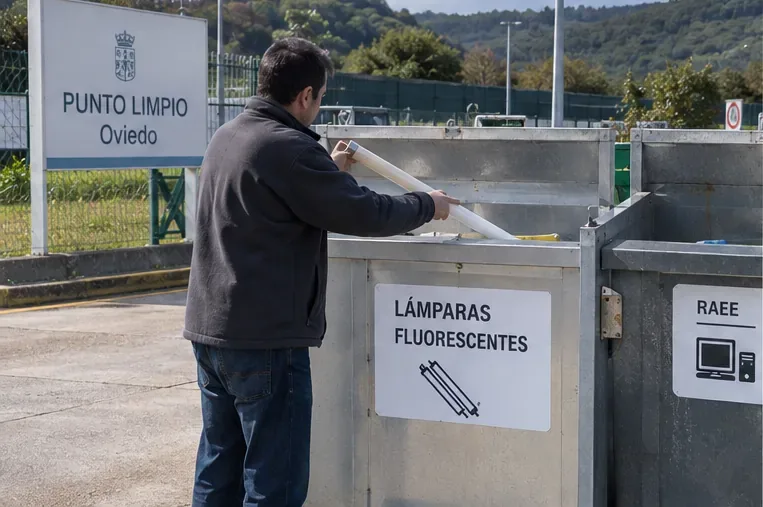 Persona depositando un tubo fluorescente en una zona específica para lámparas de un punto limpio