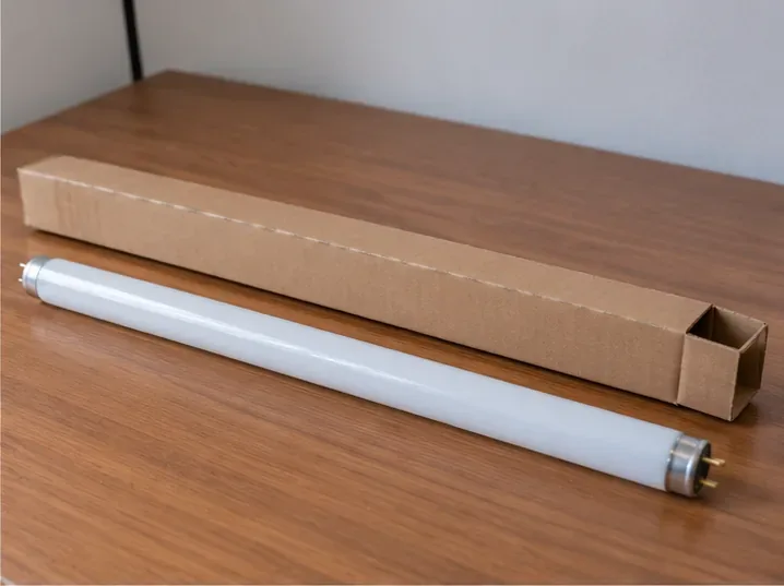 Un tubo fluorescente intacto colocado junto a una funda de cartón alargada para protegerlo durante el transporte