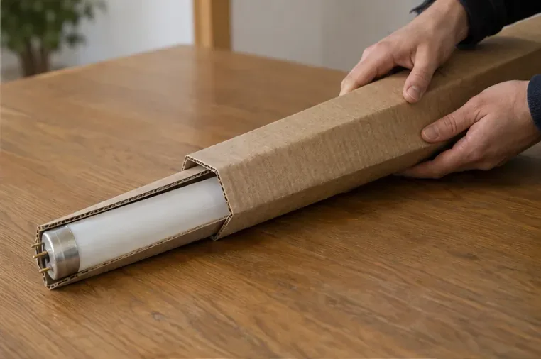 Tubo fluorescente entero protegido dentro de una funda de cartón sobre una mesa