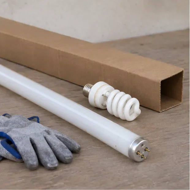 Tubo fluorescente recto y lámpara fluorescente compacta intactos junto a una caja de cartón y guantes sobre una mesa