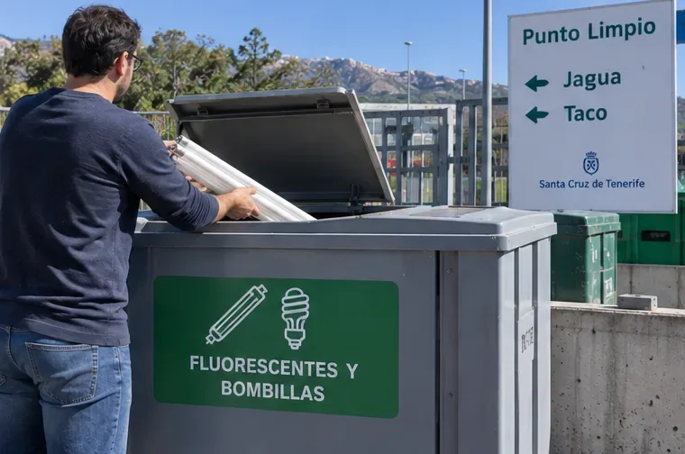 Una persona deposita con cuidado varios tubos fluorescentes en un contenedor específico de un punto limpio