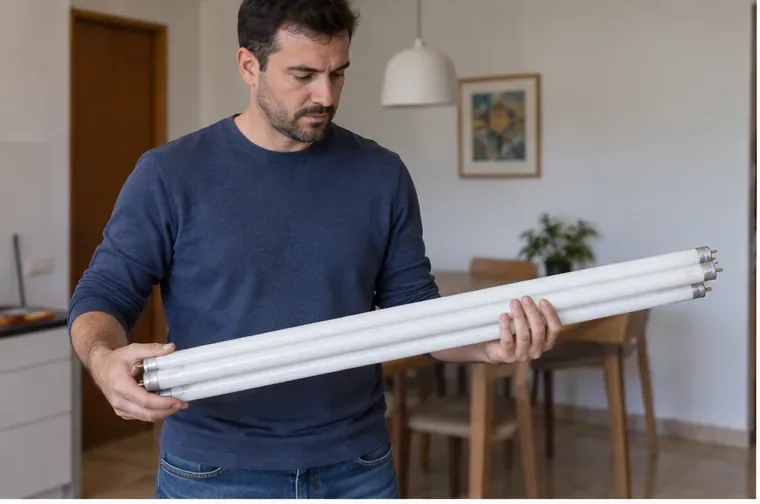 Un hombre sostiene con ambas manos varios tubos fluorescentes enteros dentro de una vivienda