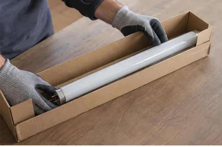 Un tubo fluorescente colocado horizontalmente dentro de una caja de cartón rígida