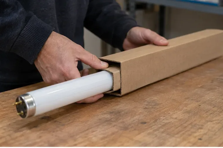 Manos introduciendo un tubo fluorescente intacto en una funda de cartón alargada