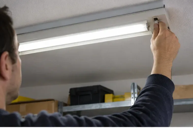 Persona retirando con cuidado un tubo fluorescente de una luminaria de techo