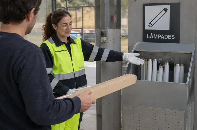 Trabajadora de un punto de reciclaje indicando el contenedor destinado a lámparas y tubos fluorescentes