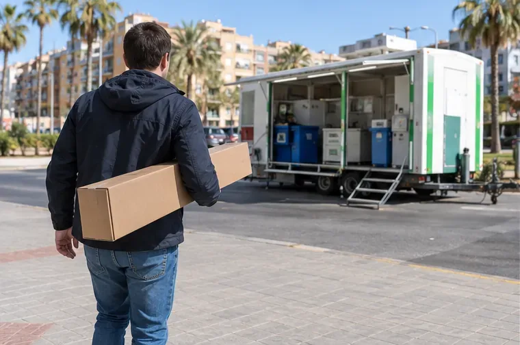 Persona acercándose con una caja alargada a un punto móvil de recogida de residuos en una calle urbana