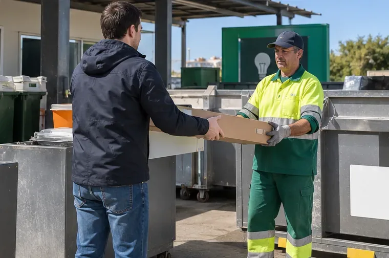 Usuario entregando una caja alargada a un trabajador de un centro de recogida de residuos