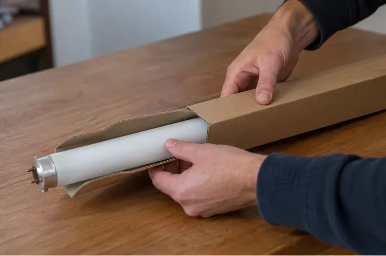Persona introduciendo un tubo fluorescente intacto en una funda larga de cartón para transportarlo protegido