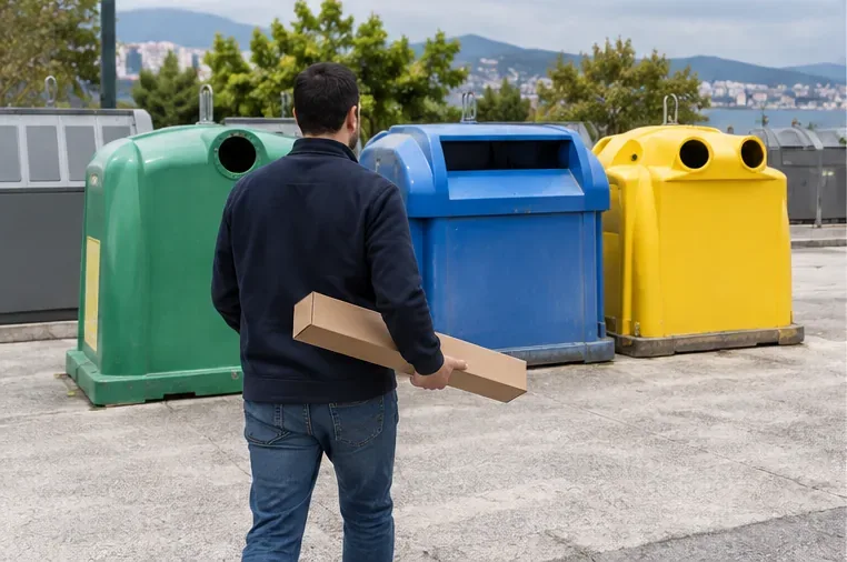 Persona llevando una caja alargada con un tubo fluorescente hacia una zona de recogida de residuos