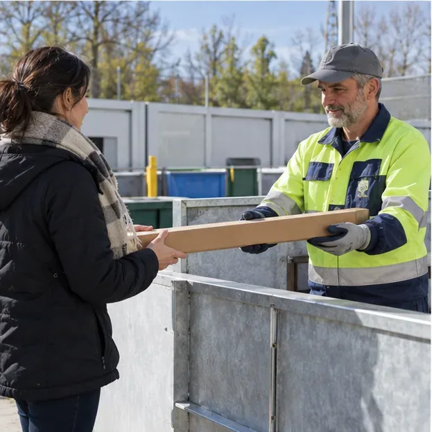 Una residente entrega un tubo protegido en una instalación de reciclaje a una persona trabajadora con guantes.