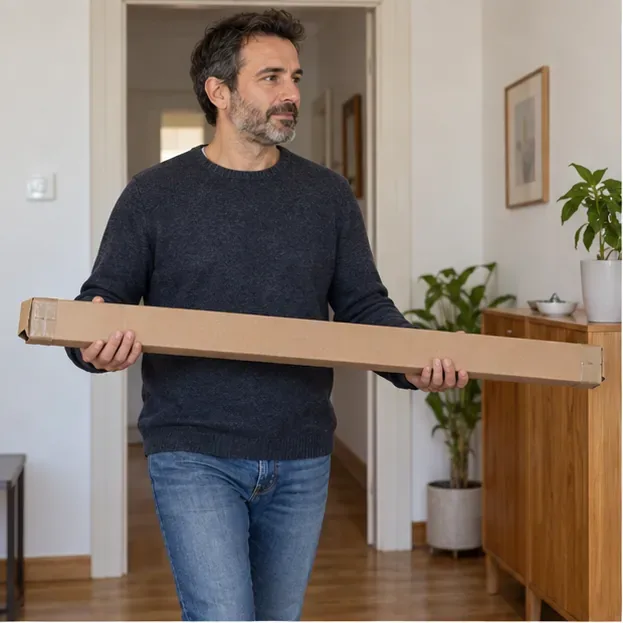 Un hombre sostiene horizontalmente un tubo largo dentro de una funda rígida de cartón en una vivienda.