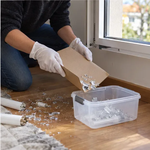 Una persona con guantes recoge fragmentos de un tubo roto con cartón junto a una ventana abierta y los deposita en un recipiente rígido.