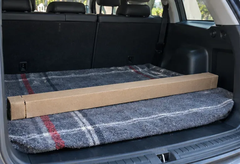Tubo fluorescente dentro de una funda y colocado horizontalmente en el maletero de un coche