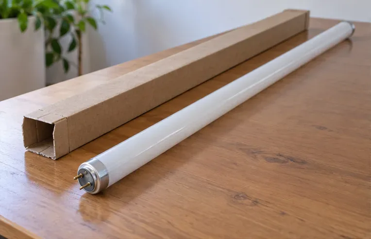 Tubo fluorescente lineal intacto y su funda de cartón original sobre una mesa