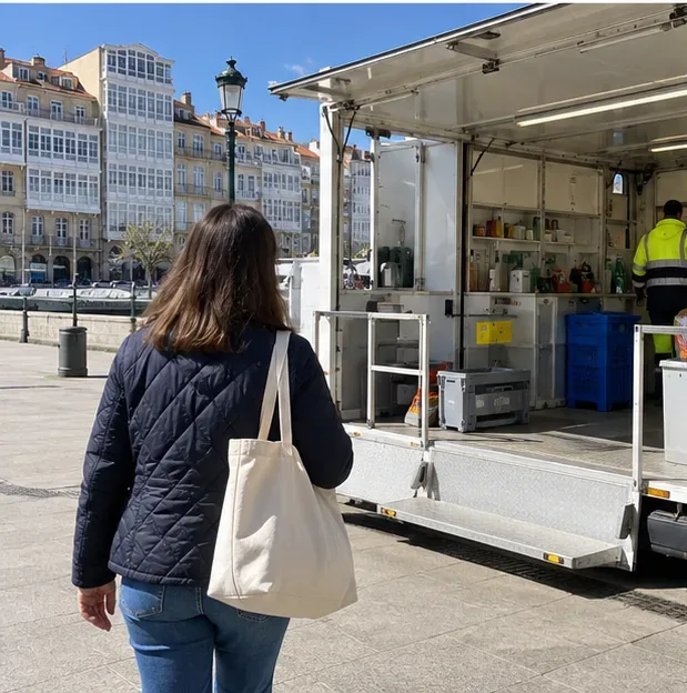 Una persona con una bolsa de tela se acerca a un vehículo de recogida selectiva abierto en una plaza urbana