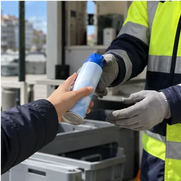 Una persona entrega un bote de aerosol intacto a un operario con guantes y ropa de alta visibilidad en un punto de recogida