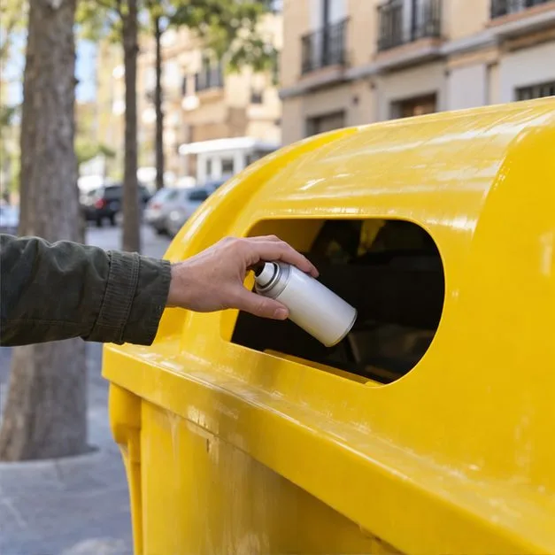 Una mano deposita un aerosol doméstico vacío en un contenedor amarillo de envases.