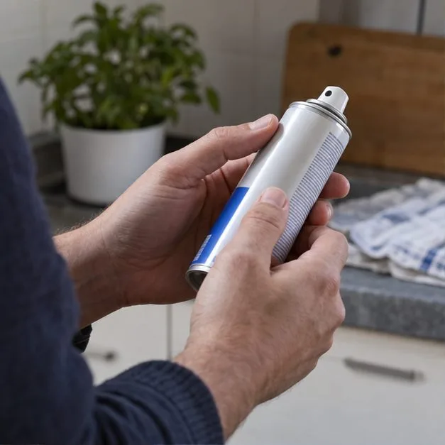 Una persona revisa la válvula y la etiqueta de un aerosol doméstico antes de decidir cómo desecharlo.