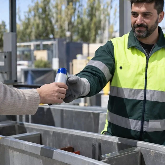 Un operario de un punto limpio recibe un aerosol intacto de una residente junto a una zona de recogida selectiva.