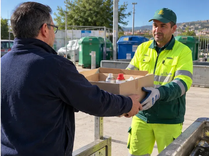 Una persona entrega una caja con aerosoles a un trabajador de un centro de recogida