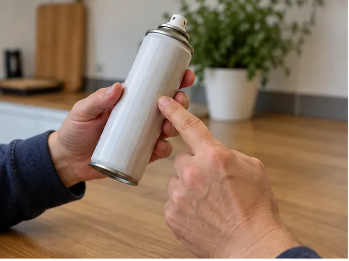 Una persona examina un aerosol doméstico intacto sobre una mesa antes de decidir cómo desecharlo