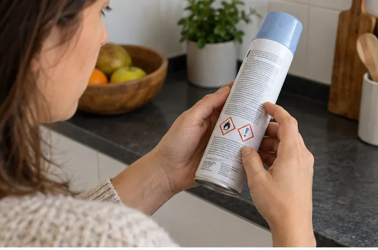 Una persona lee los pictogramas de advertencia de un aerosol intacto sobre una encimera