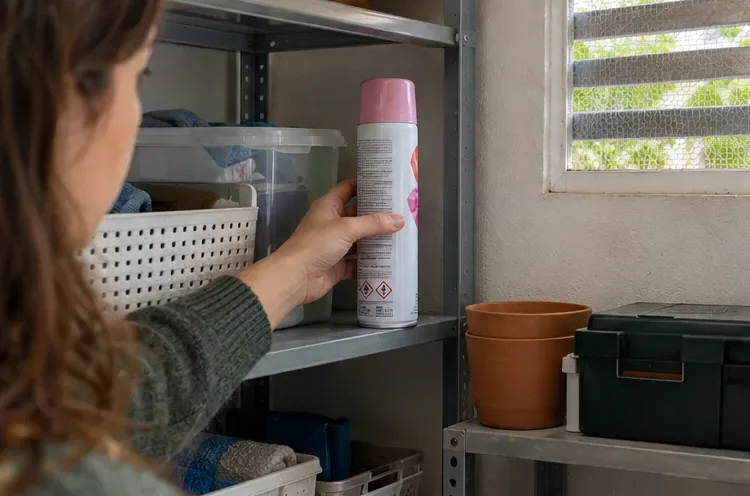 Una persona coloca un aerosol íntegro en posición vertical sobre una estantería ventilada, separado de otros residuos