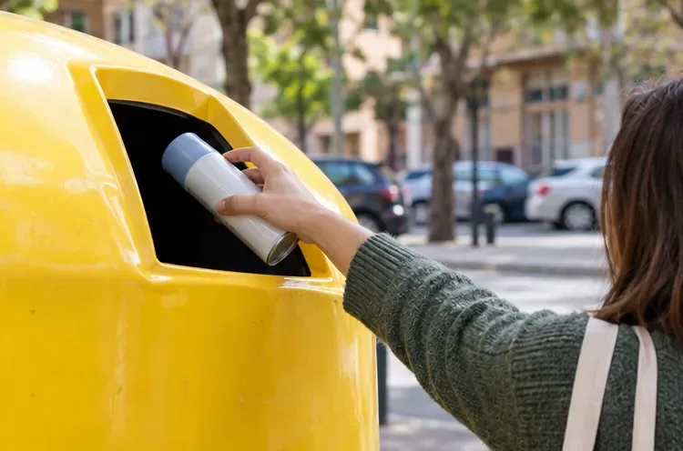 Una mano introduce un aerosol doméstico agotado e intacto en la abertura de un contenedor amarillo
