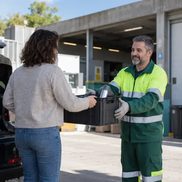 Una usuaria entrega una caja con un aerosol a un trabajador de una instalación municipal de recogida selectiva