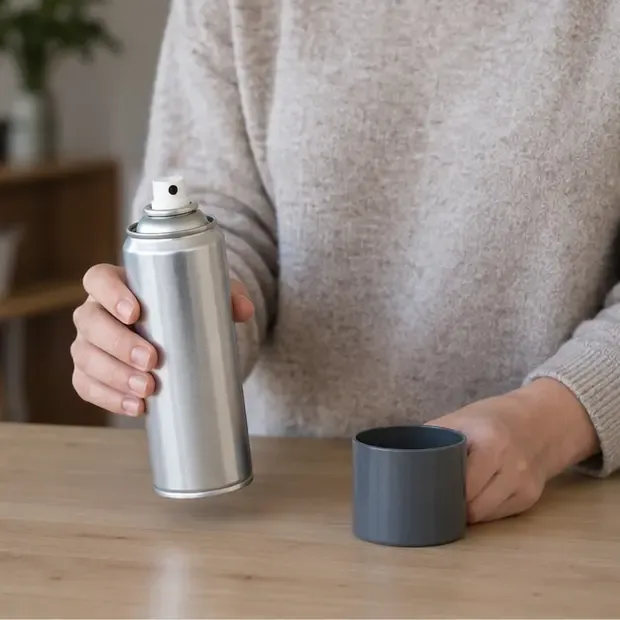 Un aerosol metálico vacío con el tapón colocado sobre una mesa limpia, listo para separarse como envase