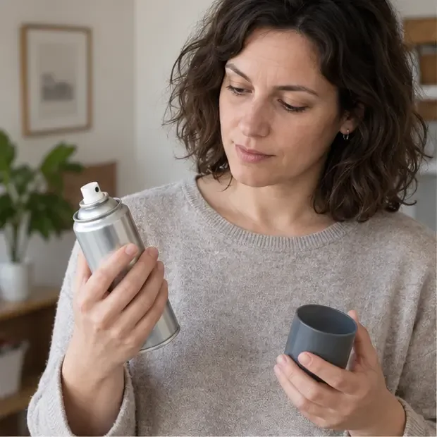 Una mujer comprueba un aerosol metálico y su tapón en casa antes de decidir cómo desecharlo