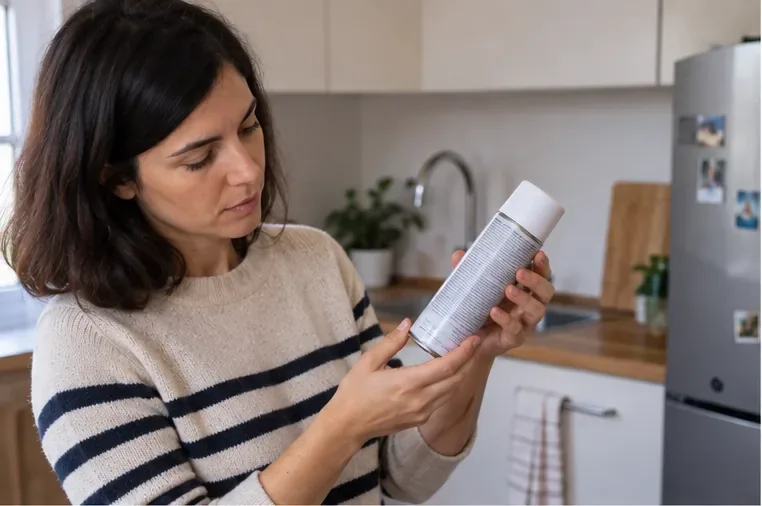 Una persona revisa un bote de aerosol en casa antes de decidir cómo desecharlo
