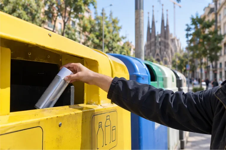 Una mano deposita un aerosol vacío en un contenedor amarillo de reciclaje en una calle de Barcelona