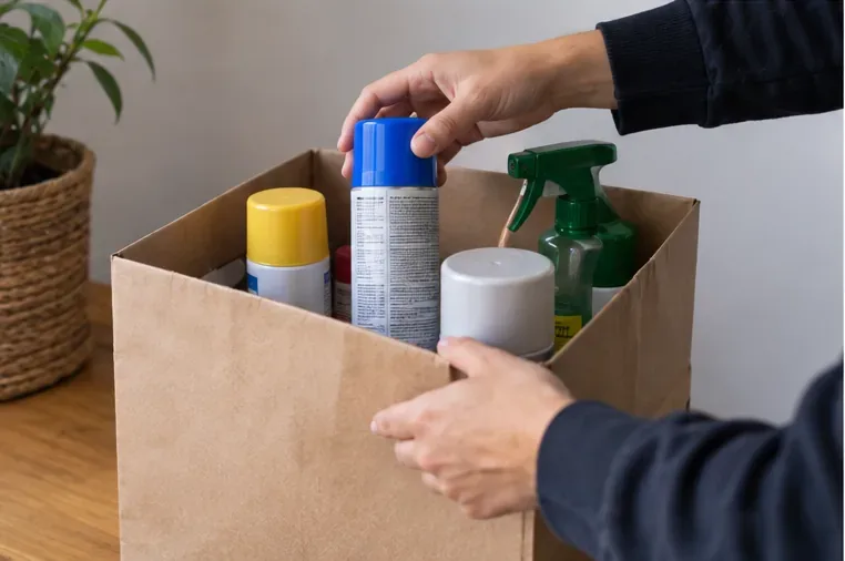 Varios aerosoles y productos domésticos se preparan en una caja para llevarlos a un Punto Verde