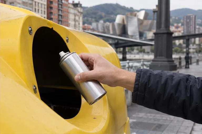 Una mano introduce un aerosol metálico vacío en un contenedor amarillo de envases situado en una calle de Bilbao.