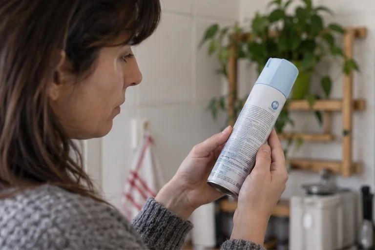 Una persona lee la etiqueta de un aerosol cerrado en una estantería doméstica.