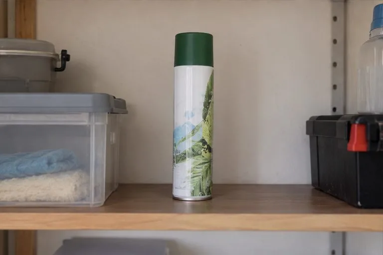 Un aerosol cerrado y en posición vertical está separado en una estantería doméstica.