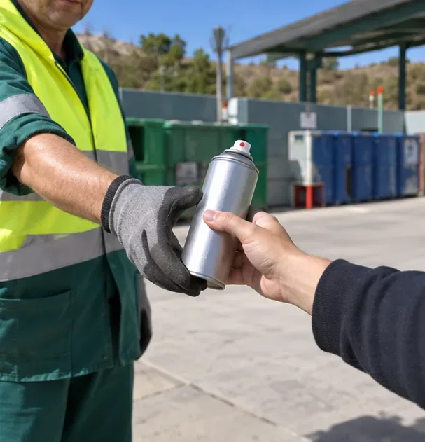 Persona entregando un bote de aerosol a un operario con guantes en una instalación de punto limpio