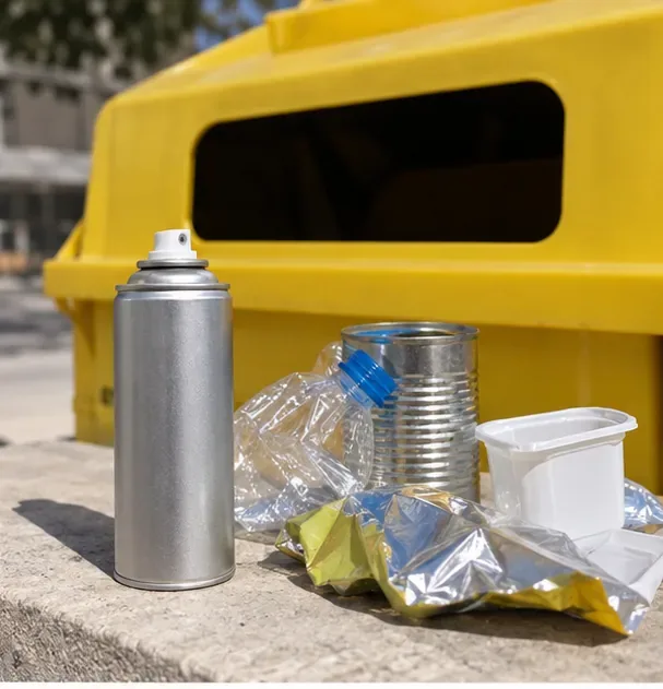 Aerosol metálico vacío junto a otros envases delante de un contenedor amarillo de reciclaje